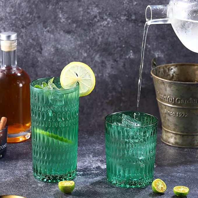 Loivttvv Glassware Drinking Glasses Set of 8, 14 oz Highball Glasses & 10 oz Ribbed Glass Cups, Vintage Glassware for Water, Juice, Cocktail, Whiskey (Atroviens)