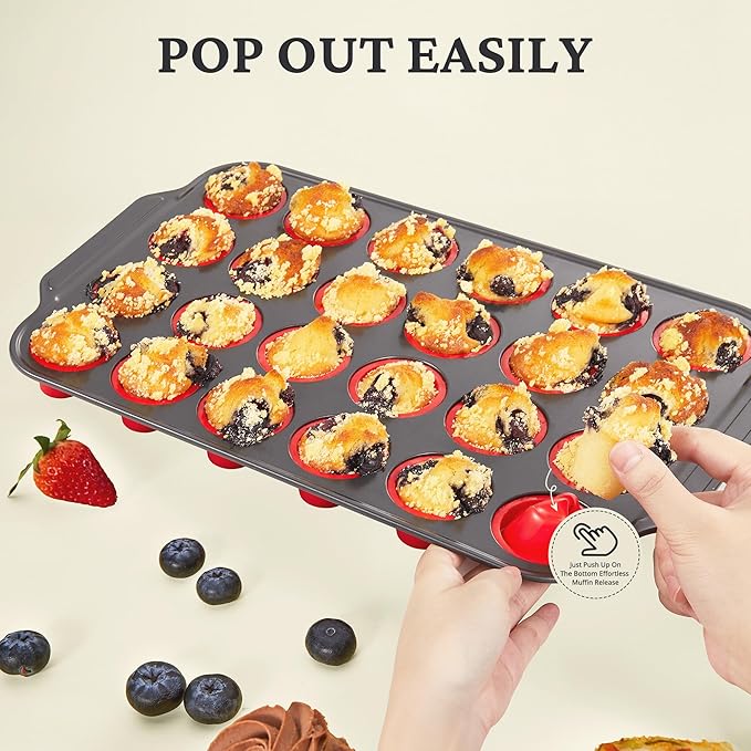 BRONYPRO Silicone Mini Muffin Pan with Metal Frame, Egg Bite Molds for Baking for Baking, Cupcake Pans 24 Regular Size, Muffin Tins Easy to Pop Nonstick Non Toxic Bakeware for Oven,Red