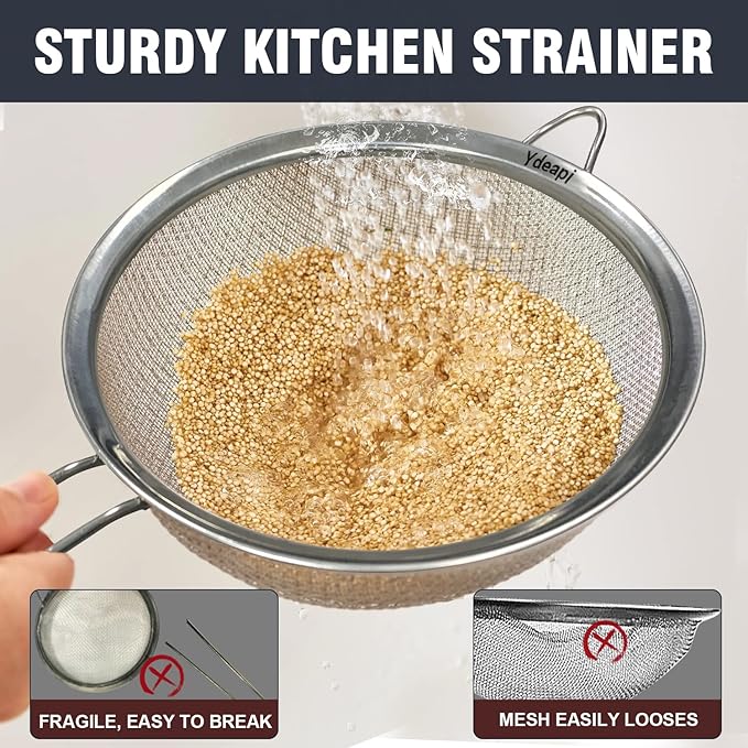 Ydeapi 8.6" Large Fine Mesh Strainer with Handle, Metal Food Strainers for Kitchen, Sieve Fine Mesh Stainless Steel for Rice, Quinoa, Pasta, Noodles