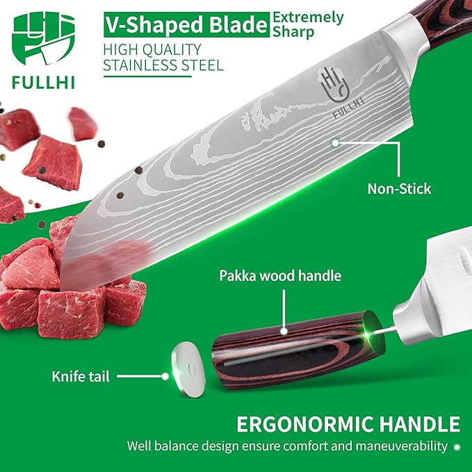 FULLHI 15pcs Japanese Knife Set with Magnetic Knife Block Holder, Japan Stainless Steel Blades, Ergonomic Handles for Professional and Home Cooking（Coffee wood, Magnetic Block Knife Set)