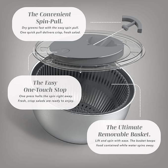 COOK WITH COLOR Stainless Steel Salad Spinner - 5 Qt. Lettuce Washer And Vegetable Spinner Dryer for Easy Salad Prep - Non Slip Base with Pull Handle - Auto Stop Brake System, Stain and Odor Resistant