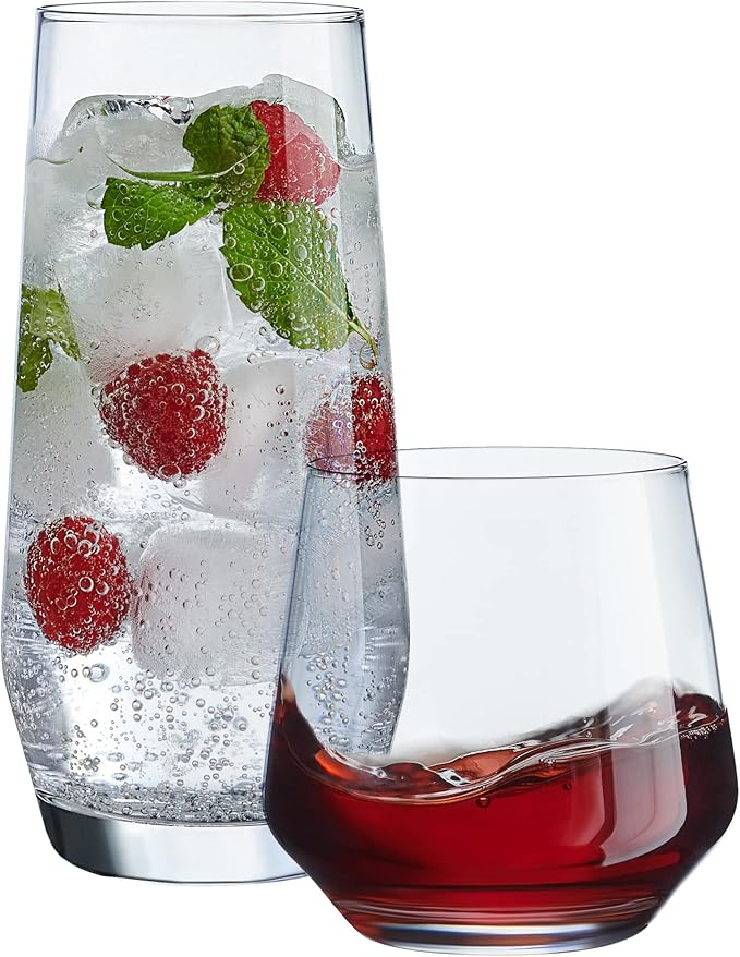 Le'raze Everyday Drinking Glasses Set of 8-4 Tall Highball Glass Cups & 4 Short Dof Drinking Glass, Kitchen Glasses for Cocktail, Iced Coffee, Beer, Ice Tea, Wine, Whiskey, Water, & Drinkware.