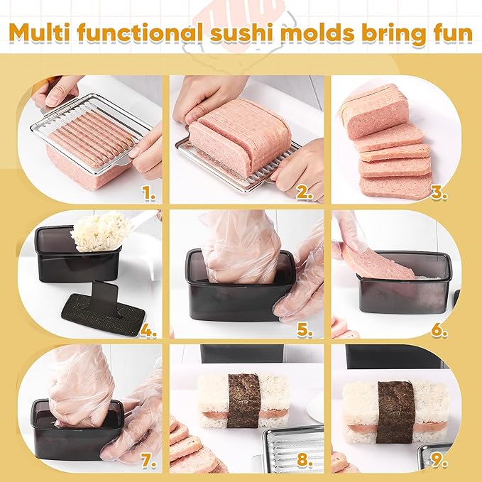 Musubi Press Mold Kit, 2 Pack Clear Musubi Maker with Stainless Steel 304 Luncheon Meat Slicer for SPAM (Champagne)
