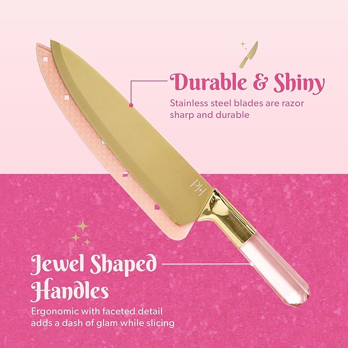 Paris Hilton Stainless Steel Knife Set with Jewel Shaped Handles and Gold Blades, Iconic Cutlery Set, 4-Piece, Pink