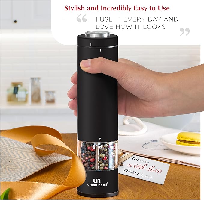 Electric Salt and Pepper Grinder - Battery Operated Stainless Steel Pepper Mill with Light (Black) - Automatic One Handed Operation - Electronic Adjustable Shaker - Ceramic Grinder