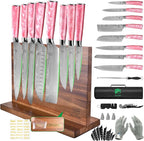 FULLHI 15pcs Japanese Knife Set with Magnetic Knife Block Holder, Stainless Steel Blades, Pink Resin Ergonomic Handles for Professional and Home Cooking