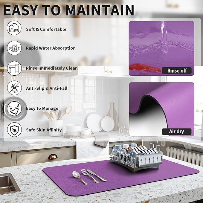 HotLive Dish Drying Mat for Kitchen Counter, Heat Resistant Drainer Mats with Non-slip Rubber Backed, Hide Stain Kitchen Super Absorbent Draining Mat, Easy to Clean Dish Rack Pad, Purple 16"x20"