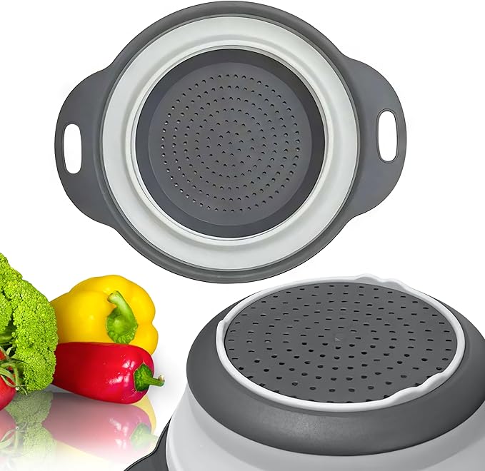 Round Silicone White Colander Collapsible – Foldable White Kitchen Strainer Small Collapsible Colander with Plastic Handles for Draining Vegetable and Fruit Silicone Kitchen Strainer for Pasta