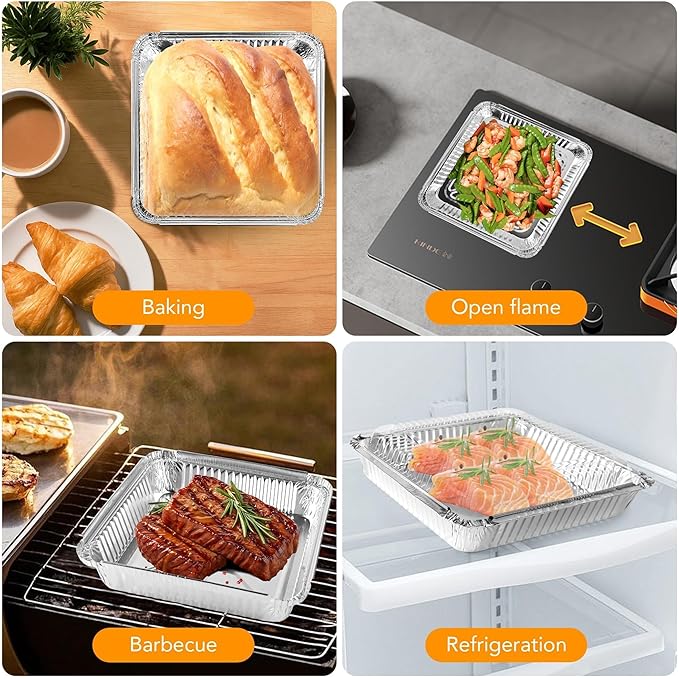 40 Pack 8x8 Inch Aluminum Pans with Clear Plastic Lids - Square Baking Cake Pans - Foil Pans with Lids - Disposable Food Containers Great for Cooking, Heating, Storing, Prepping Food