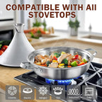 DM Tagine Pot, 11 Inch 3.6 Quart Moroccan Clay Tagine Pot Alternative, Multi-Ply Clad Stainless Steel, Traditional Cooking Pot with Die-Cast Aluminum White Conical Lid and Stainless Steel Knob