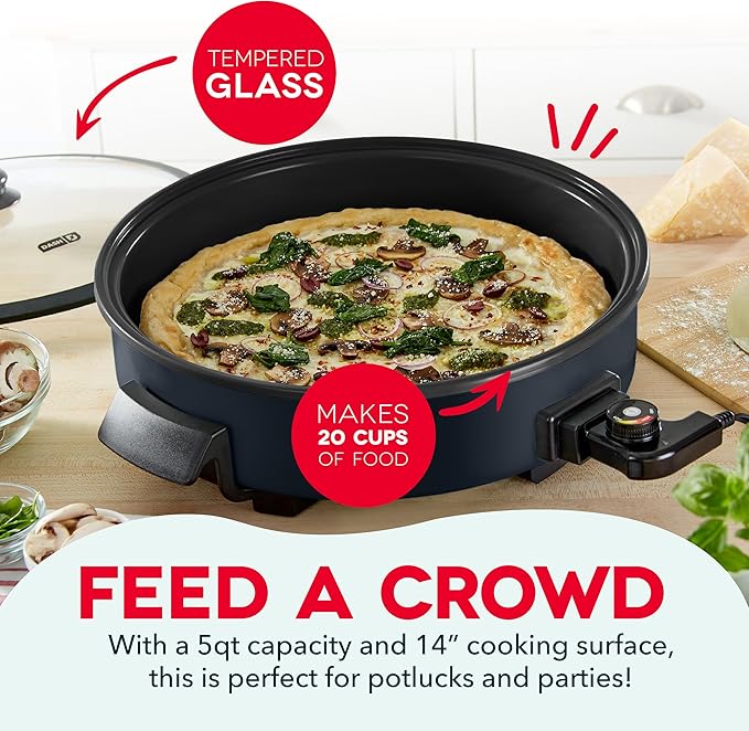Dash Family Size Skillet - Electric Skillet for Multi-Purpose Cooking - Nonstick Cooking Surface - Tempered Glass Lid & Cool-Touch Handles - 6-Quart Capacity, Makes 24 Cups - 14", Black