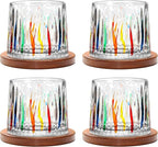 Rotatable Old Fashioned Glass, 275ml/10oz Crystal Whiskey Glass Set of 4, Wood Coaster, Thickening, Used as Rum Glass, Cocktail Cup, Coffee Cup, Milk Cup to Relax and Reduce Stress, Christmas gifts