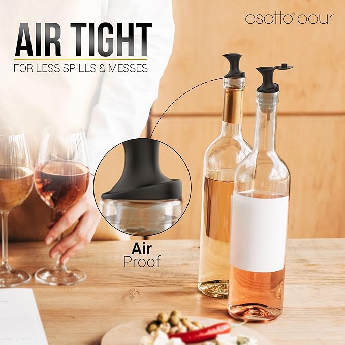 Esatto Pour & Seal Plastic Pourer with Lid - 12 Pieces & 4 Cork Adaptors for Precision Pouring, Pour Spouts for Bottles, Liquor Bottle Pourers for Alcohol & Olive Oil, Bar Bartender Accessories