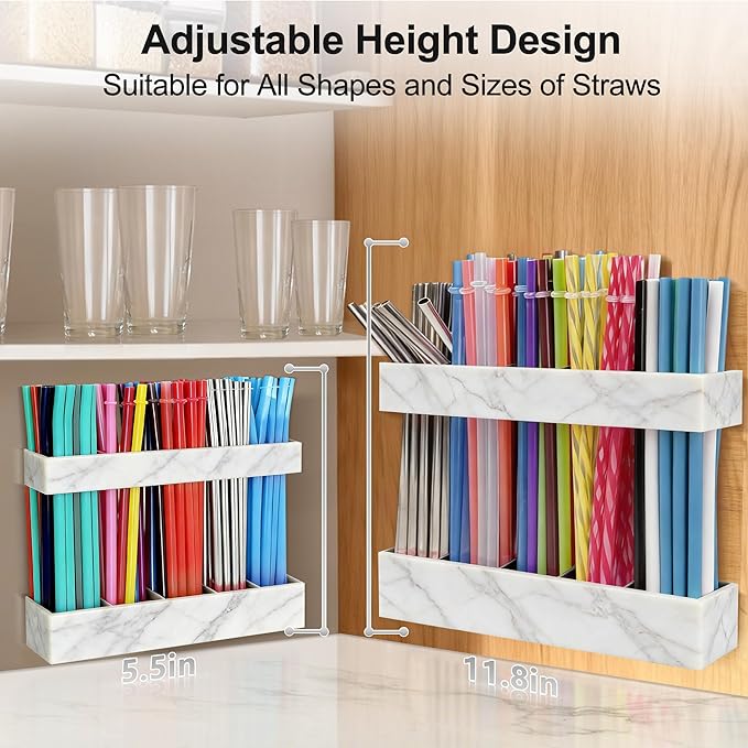 9.5” Large Acrylic Straw Holder for Cabinet Door, Reusable Adjustable Two-Part Straws Organizer with Ultra Sticky Adhesive Strips, 2026 Straw Storage for Kitchen Cupboard (Marble Color)