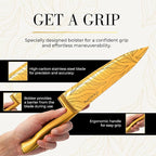 Gold Knife Set For Kitchen -14-Piece Titanium-Coated Blades with Etched Leaves Pattern, Ultra-Sharp Stainless Steel, Durable & Stylish Kitchen Knife Block Set