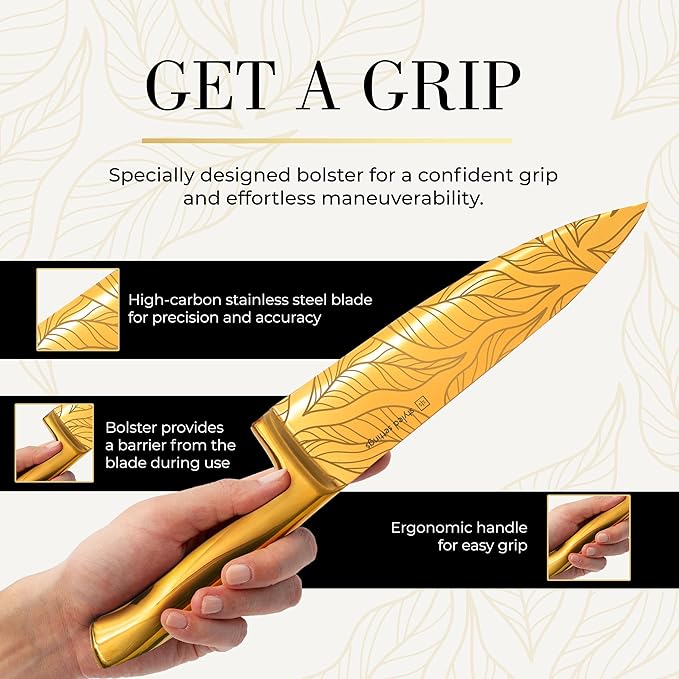Gold Knife Set For Kitchen -14-Piece Titanium-Coated Blades with Etched Leaves Pattern, Ultra-Sharp Stainless Steel, Durable & Stylish Kitchen Knife Block Set