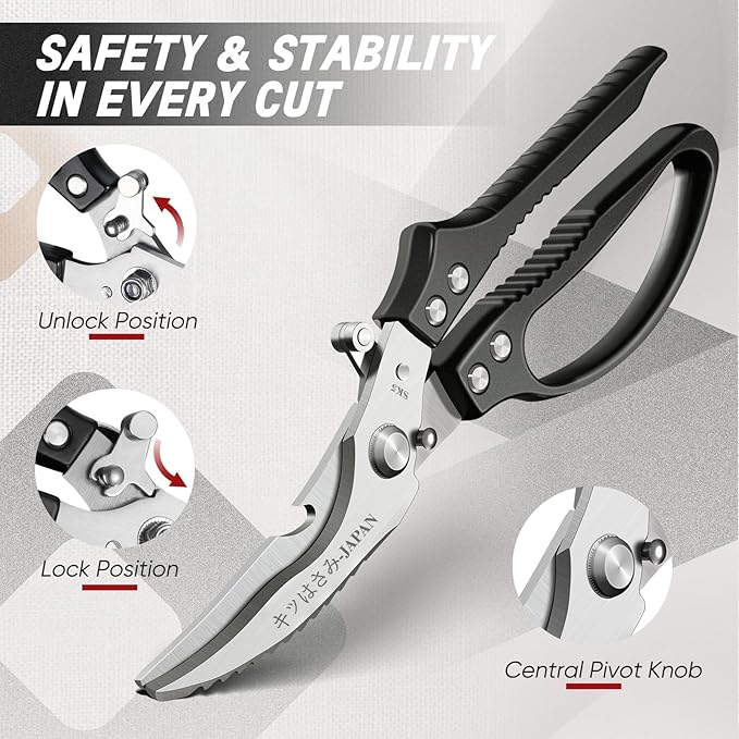 TIVOLI Poultry Shears Black,Japanese Kitchen Shears Heavy Duty with Non-Slip Handle & Safety Lock,Multifunctional Kitchen Scissors for Chicken, Meat, Turkey, Fish, Vegetables,Ideal Gift