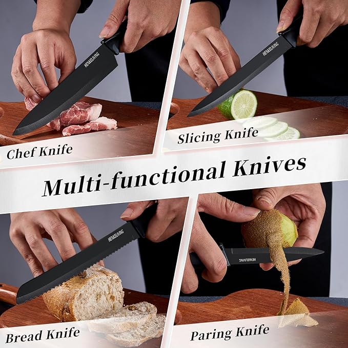 Knife Set, 14-Piece Kitchen Knives Set with Block, Built-in Sharpener, German High Carbon Stainless Steel, Ergonomic Non-Slip Handles, Black
