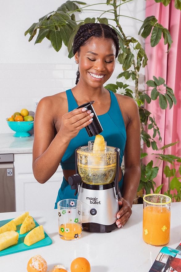 magic bullet Mini Juicer, Countertop Space-Saving, 2" Feed Chute for Fruits and Vegetables, 400W, Compact Design, Black/Silver, MBJ10100