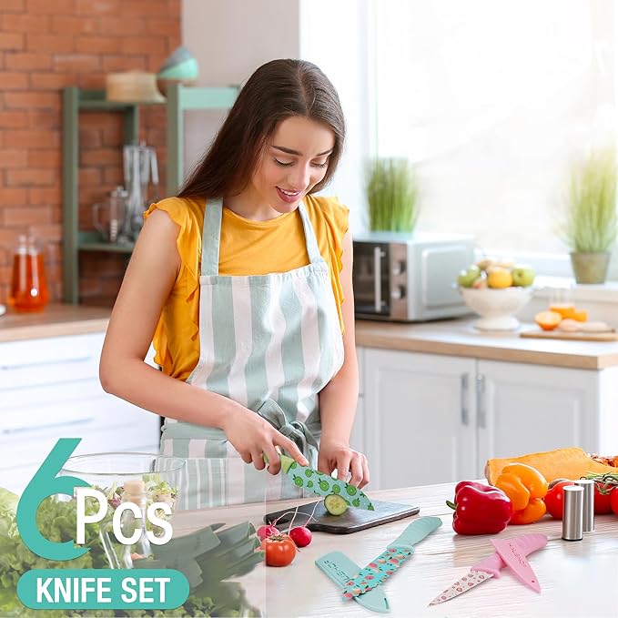 HAUSHOF Kitchen Knife Set, 12-Piece Colorful Knives Set with 6 Sheaths, Non-Stick Coated Stainless Steel Fruit Pattern Blades for Slicing, Dicing&Cutting, Gifts Knife Set for Dad, Mom