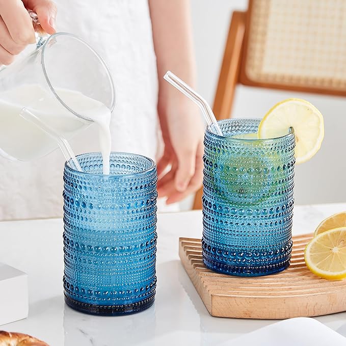 HomeVogue 15 oz Blue Hobnail Drinking Glasses with Straws Set of 6, Vintage Glassware Old Fashioned Beverage Glasses, Cocktail Glass Set, Kitchen Water Glasses Cup, for Beer, Smoothie, Juice