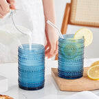 HomeVogue 15 oz Blue Hobnail Drinking Glasses with Straws Set of 6, Vintage Glassware Old Fashioned Beverage Glasses, Cocktail Glass Set, Kitchen Water Glasses Cup, for Beer, Smoothie, Juice