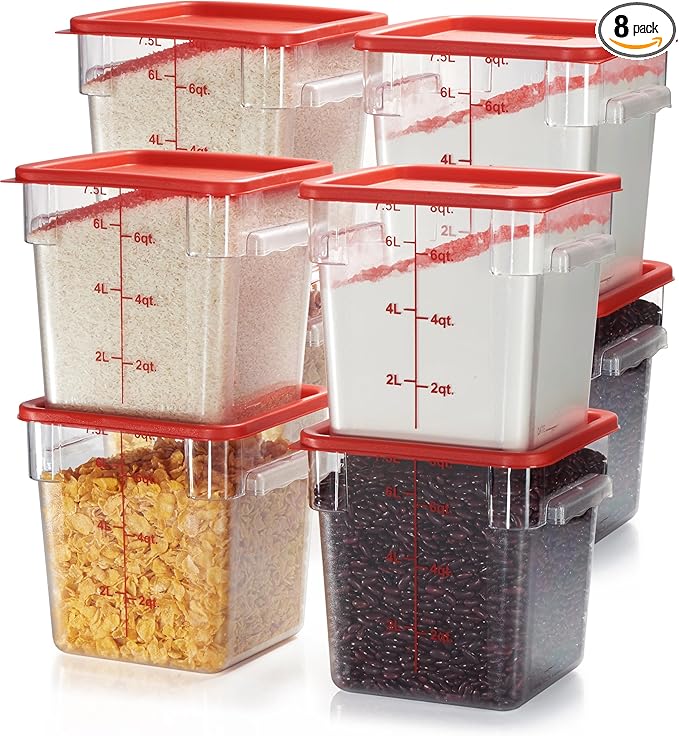 CURTA 8-Pack 8 Qt NSF Clear Polycarbonate Food Storage Containers with Red Lids - Square, Commercial-Grade, Freezer & Dishwasher Safe, Stackable