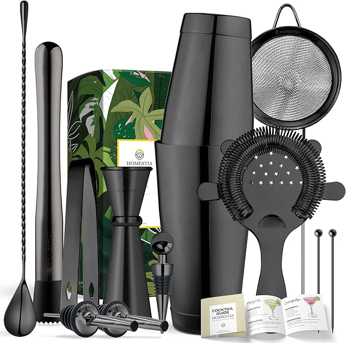 Homestia Cocktail Shaker Sets, Bartender Kit - 12 Pcs Stainless Steel Bar Tools with Boston Shaker Tins, Mixing Spoon, Muddler, Jigger, Strainer, Ice Tongs and Wine Pourers (Black)