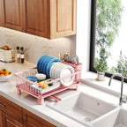 SNTD Dish Drying Rack - Small Dish Rack for Kitchen Counter, Stainless Steel Dish Drainer with Utensil Holder and Drainboard, 11" W x 15" L (Pink)
