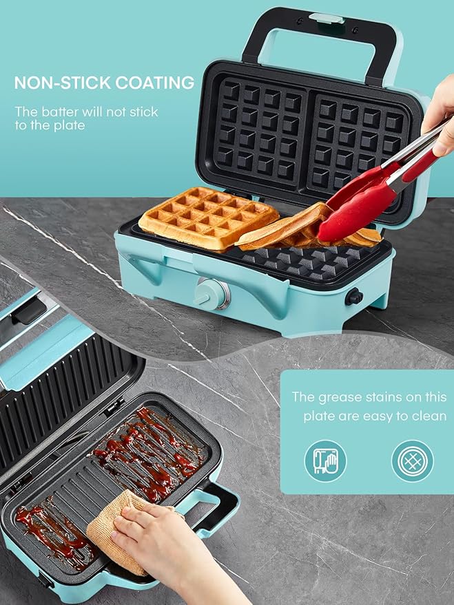 FOHERE Waffle Maker 3 in 1 Sandwich Maker 1200W Panini Press With Removable Plates and 5-gear Temperature Control, Non-stick Coating Easy to Clean,Indicator Lights, Blue
