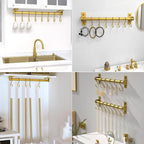 Dseap Kitchen Utensil Holder Hanger, Pot and Pan Rack Wall Mounted, Kitchen Rail with 8 Hooks for Hanging Cooking Utensils, Mugs, Spoons, Wall Mounted, Gold, Pack of 2
