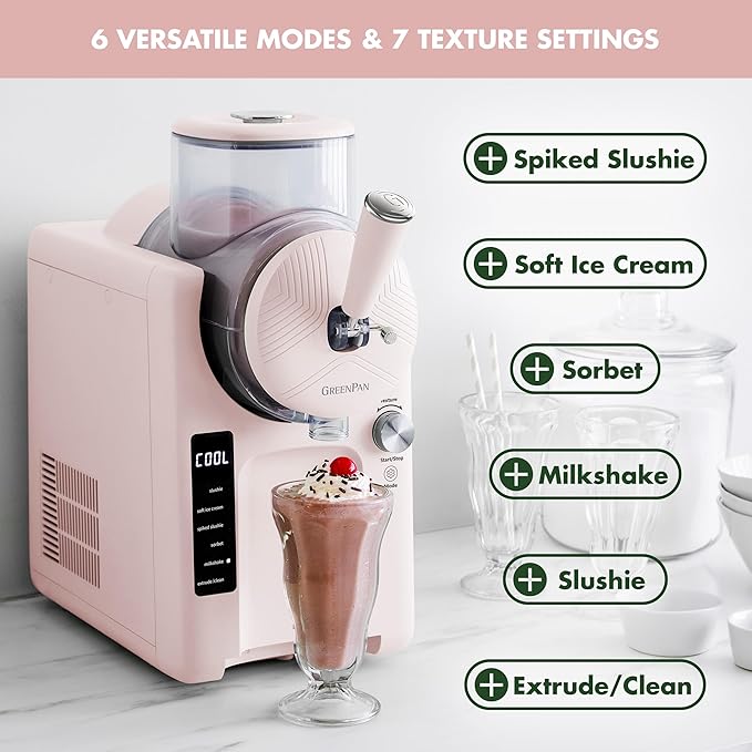 GreenPan Frost Ice Cream Maker & Slushie Machine, Soft Serve, Sorbet, Margaritas, Milkshakes, Frozen Yogurt, No Pre-Freezing, Ready in 15 Mins, 6 Modes, 7 Textures, Self-Cleaning, Family Size, Pink