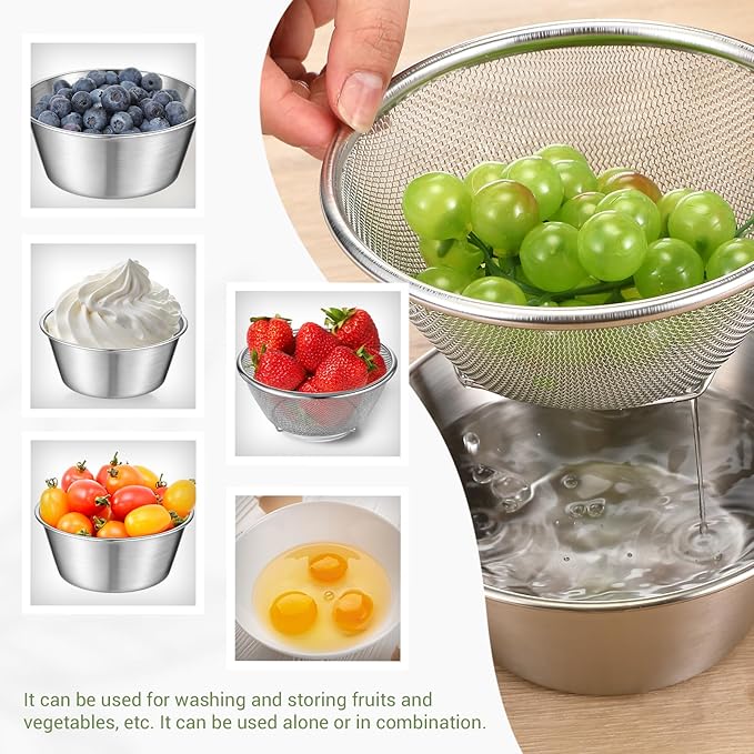 Baderke 2 Pcs Mini Colander & Food Strainer 304 Stainless Steel Small Mixing Colanders Bowl Rice Strainer for Kitchen Cooking Fruit Washing Vegetable(6.3 x 2.76 Inches,Silvery)