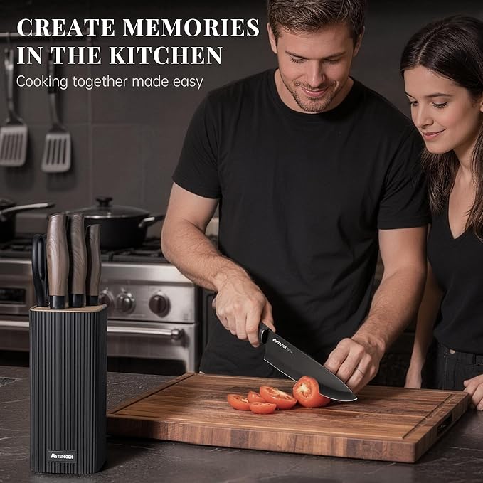 Astercook Knife Set, 6-Piece Kitchen Knife Set with Block, High Carbon Stainless Steel Ultra Sharp Kitchen Knives, Wood Grain Handle, Dishwasher Safe Knife Block Set, Black