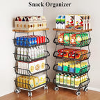 SAYZH Fruit Basket Kitchen Pantry Organizers and Storage - Wooden Top Table, Stackable Metal Wire Basket Stand Cart for Fruit Vegetable Snacks Onion Potato Organization (Black, 5 Tiers)