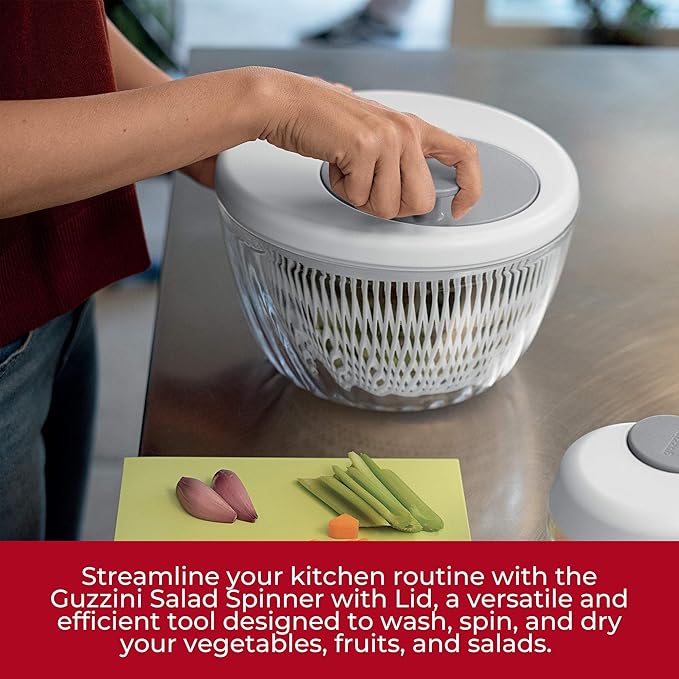 GUZZINI 10" Salad Spinner with Lid - White, Wash, Spin & Dry Vegetables, Fruits, Salad, Built in Draining - Fruit Washer Fruit Dryer, Home Gadgets & Kitchen Tools