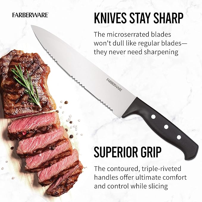 Farberware 22-Piece Never Needs Sharpening Triple Rivet High-Carbon Stainless Steel Knife Block and Kitchen Tool Set, Black, Durable AND Precision Cutlery