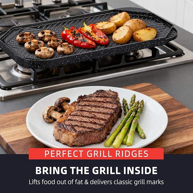 Caannasweis Nonstick Griddle Grill Pan, 19.5" x 11" Reversible Griddle Pan for Stove Top, Grill, or Campfire, Two Burner Cast Aluminum Grill, Rectangular Baking Flat and Ribbed Griddle Plate
