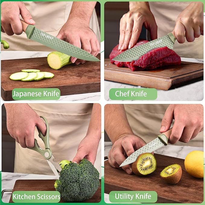 Green Knife Set, 6 Pieces Professional Kitchen Knife Set with Universal Knife Block, Super Sharp Knife Set with Ergonomic Handle Non-stick Stainless Steel Knife Block Set (Green)