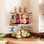 2 Pack Potato and Onion Storage Bins, Stackable Kitchen and Pantry Organizer with Bamboo Top & Lightweight PP Mat, for Vegetables, Fruit, Onion, Potato, Garlic - Pantry, Kitchen Storage Bins (Black)