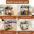 KLM 2 Tier Coffee Bar Organizer for Home Office, Spice Rack for Countertop, Kitchen Counter Storage Shelf with Hanging Basket, Coffee and Tea Condiment Station Organizer