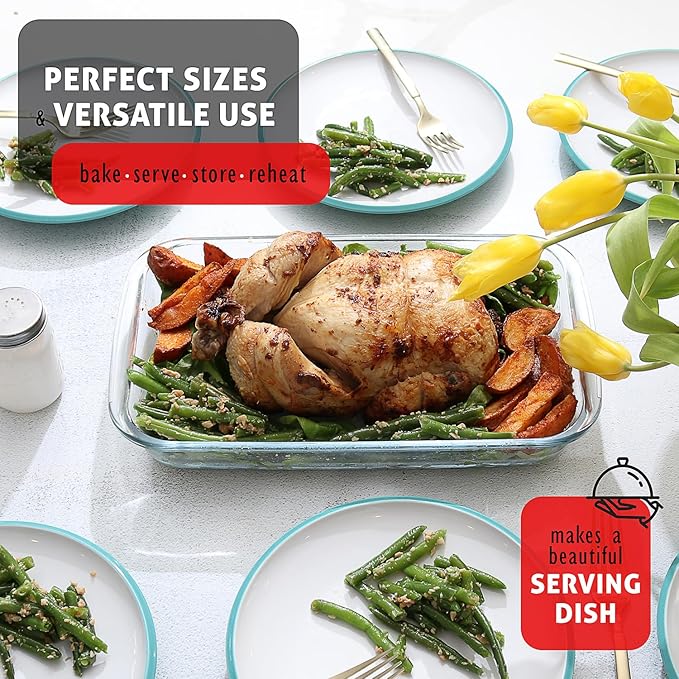 EATEX 8-Piece Deep Glass Casserole Dishes for Oven with Plastic Lids, Glass Baking Dishes for Oven, Rectangular Bakeware for Lasagna, Cooking, Leftovers, Kitchen, Freezer to Oven Dishwasher Safe