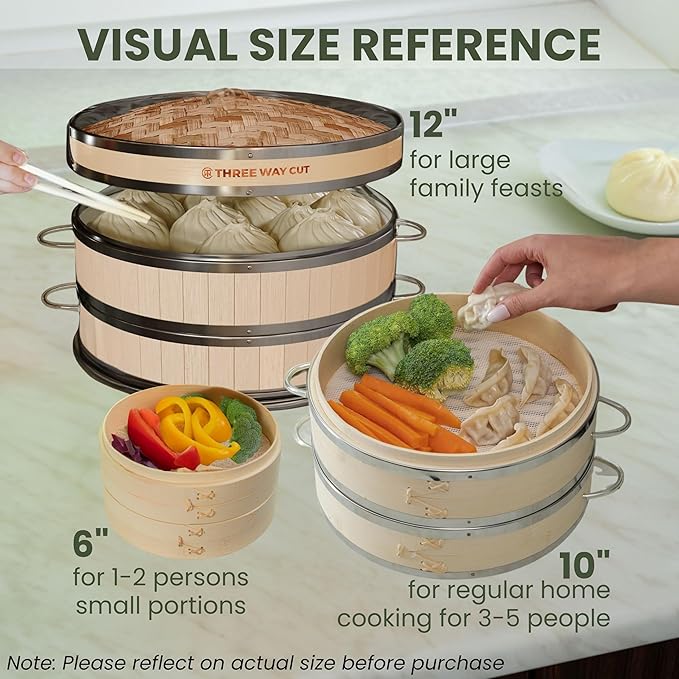 2-tier 10" Bamboo Steamer with Reinforcement & Handle, Reusable Silicone Liner & Accessories Kit For Cooking Dumpling, Baby Bao Bun, Dim Sum, Rice Potsticker Steaming Chinese Asian Food & Vegetables