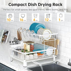 Dish Drying Rack, 2 Tier Dish Racks for Kitchen Counter, Compact Dish Drainer Rack, Detachable Dish Rack with Drainboard, Utensil Holder, Cup Holder for Small Space - White
