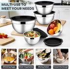 E-far Mixing Bowls With Lids Sets of 5, 10-Piece Stainless Steel Salad Metal Nesting Bowl for Baking Cooking and Prepping, Airtight Lid & Stackable Design, Size 4.6, 3, 2.1, 1.5, 0.7 QT, Black