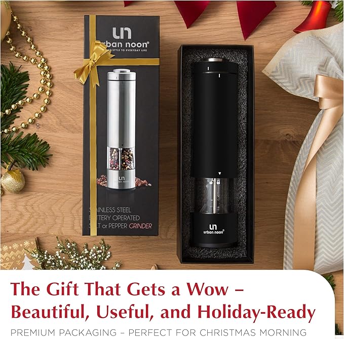 Electric Salt and Pepper Grinder - Battery Operated Stainless Steel Pepper Mill with Light (Black) - Automatic One Handed Operation - Electronic Adjustable Shaker - Ceramic Grinder