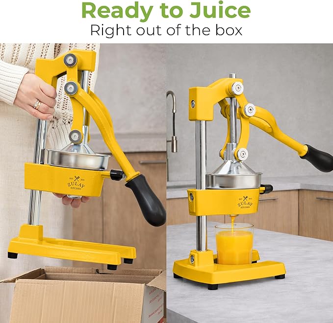 Zulay Kitchen Cast Iron Juicer - Easy-to-Clean Heavy-Duty Manual Juicer, Professional Citrus Juicer - Stainless Steel Lemon Squeezer - Manual Citrus Press & Orange Squeezer - Orange Juicer (Yellow)