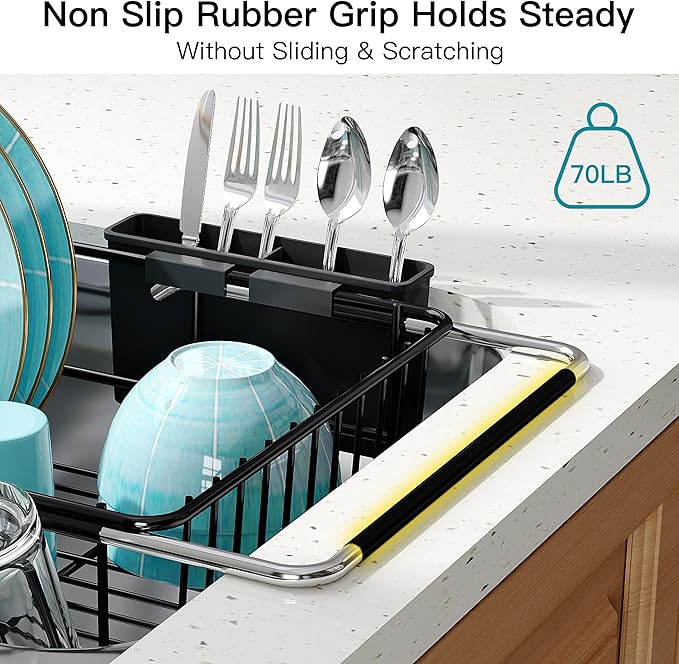 Dish Drying Rack Over the Sink In Stainless Steel Black Expandable Drainer for Small Kitchen, Counter Space Saving Compact Inside Sink Plate Dryer, Adjustable Hanging Metal Wire Strainer Drain Holder