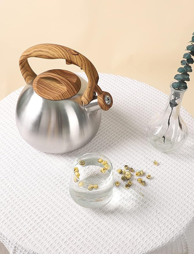 BELANKO 2.7 Quart Tea Kettle for Stovetops - Food Grade Stainless Steel Teapot with Loud Whistle, Cool-Touch Wood Pattern Handle, Rust-Resistant Whistling Kettle - Classic Silver