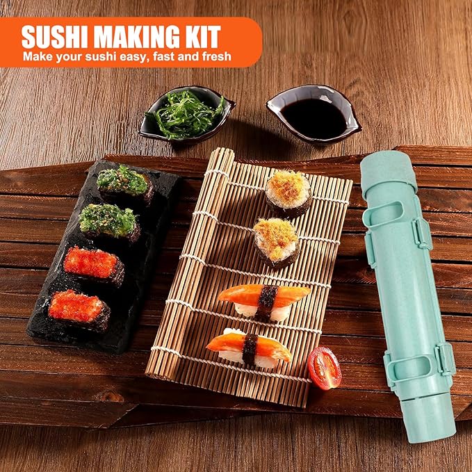 SmileTools Sushi Making Kit, Sushi Roller, Sushi Bazooka, Sushi Maker, Bamboo Sushi Rolling Mat For Beginners (Green)